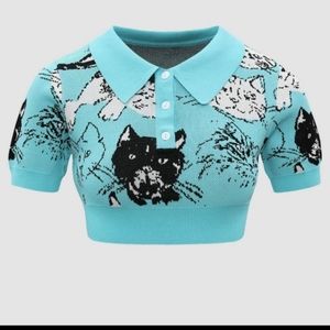 Blue Cat Knitted Cropped Polo Top Sweater Small S NWT